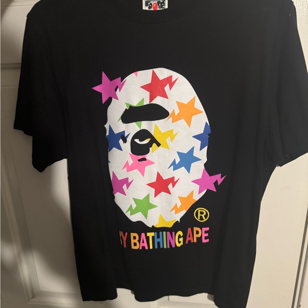 Bape Black Tee with Multicolor Star Ape Design